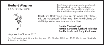 Traueranzeige von Herbert  Wagener von Siegener Zeitung