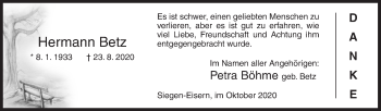 Traueranzeige von Hermann Betz von Siegener Zeitung