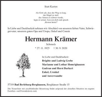 Traueranzeige von Hermann Krämer von Siegener Zeitung