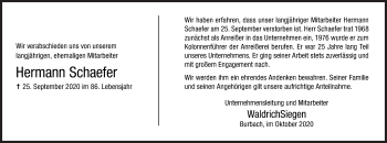Traueranzeige von Hermann Schaefer von Siegener Zeitung