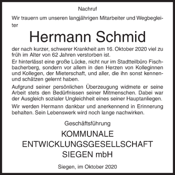 Traueranzeige von Hermann Schmid von Siegener Zeitung