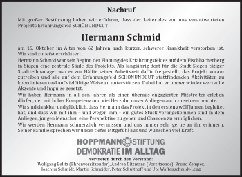 Traueranzeige von Hermann Schmid von Siegener Zeitung
