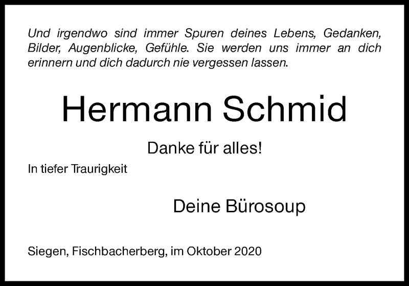  Traueranzeige für Hermann Schmid vom 22.10.2020 aus Siegener Zeitung