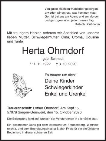 Traueranzeige von Herta Ohrndorf von Siegener Zeitung