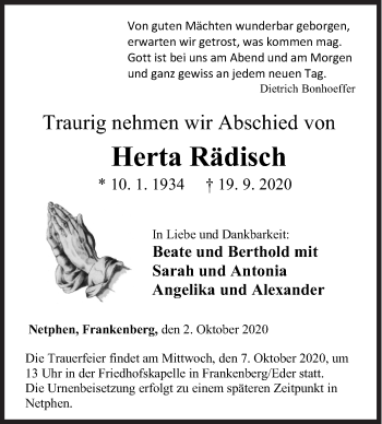 Traueranzeige von Herta Rädisch von Siegener Zeitung