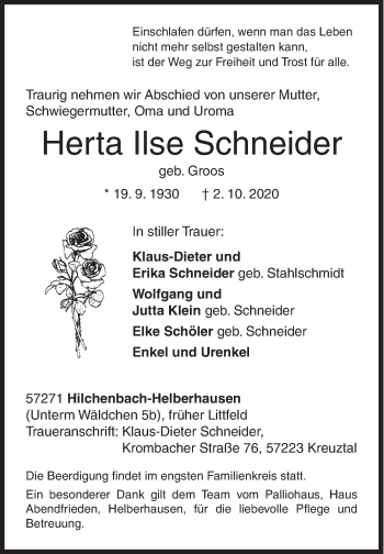Traueranzeige von Herta Ilse Schneider von Siegener Zeitung
