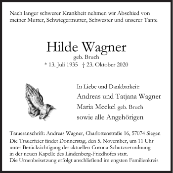 Traueranzeige von Hilde Wagner von Siegener Zeitung