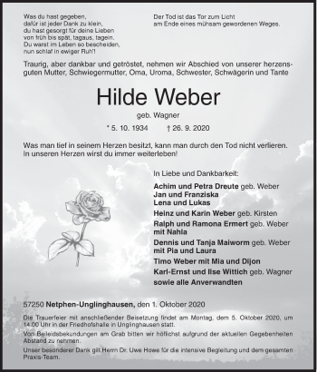 Traueranzeige von Hilde Weber von Siegener Zeitung
