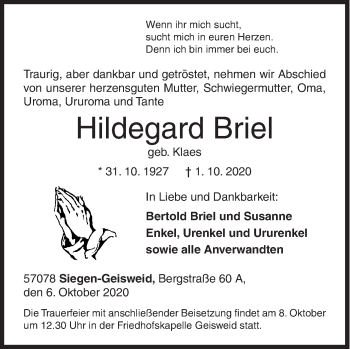 Traueranzeige von Hildegard Briel von Siegener Zeitung