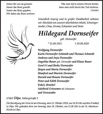 Traueranzeige von Hildegard Dornseifer von Siegener Zeitung