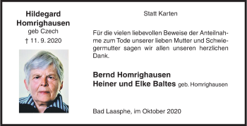 Traueranzeige von Hildegard Homrighausen von Siegener Zeitung