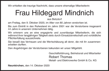Traueranzeige von Hildegard Mindnich von Siegener Zeitung