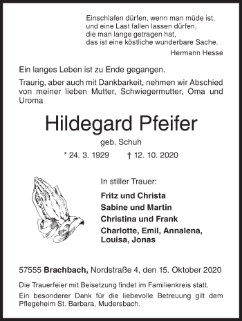 Traueranzeige von Hildegard Pfeifer von Siegener Zeitung