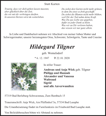 Traueranzeige von Hildegard Tilgner von Siegener Zeitung