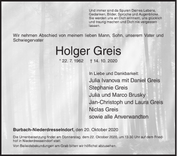 Traueranzeige von Holger Greis von Siegener Zeitung