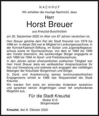 Traueranzeige von Horst Breuer von Siegener Zeitung