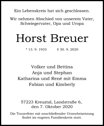 Traueranzeige von Horst Breuer von Siegener Zeitung