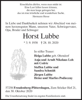Traueranzeige von Horst Lubbe von Siegener Zeitung
