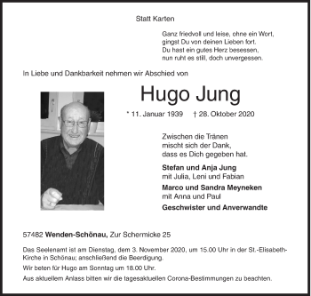 Traueranzeige von Hugo Jung von Siegener Zeitung