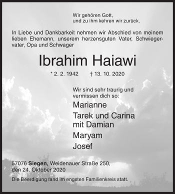 Traueranzeige von Ibrahim Haiawi von Siegener Zeitung