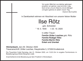 Traueranzeige von Ilse Rötz von Siegener Zeitung