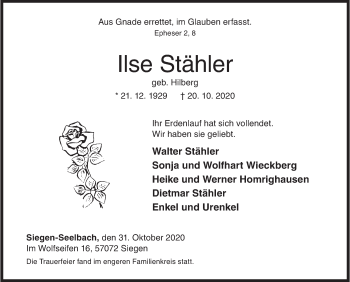 Traueranzeige von Ilse Stähler von Siegener Zeitung