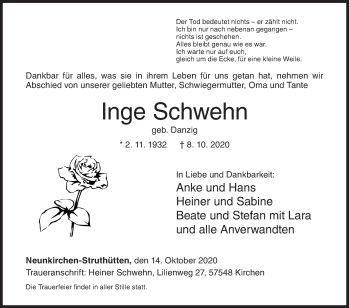 Traueranzeige von Inge Schwehn von Siegener Zeitung