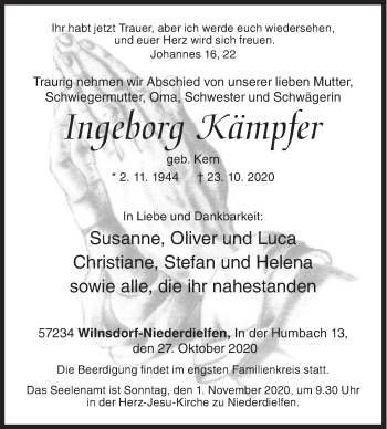 Traueranzeige von Ingeborg Kämpfer von Siegener Zeitung