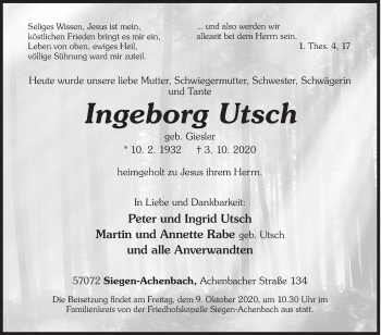 Traueranzeige von Ingeborg Utsch von Siegener Zeitung