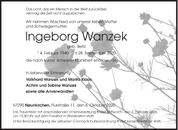 Traueranzeige von Ingeborg Wanzek von Siegener Zeitung