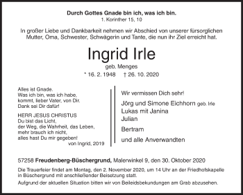 Traueranzeige von Ingrid Irle von Siegener Zeitung