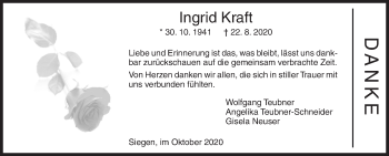 Traueranzeige von Ingrid Kraft von Siegener Zeitung