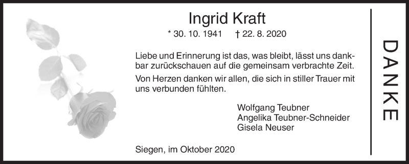  Traueranzeige für Ingrid Kraft vom 31.10.2020 aus Siegener Zeitung