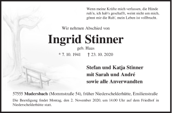Traueranzeige von Ingrid Stinner von Siegener Zeitung