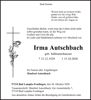 Traueranzeige von Irma Autschbach von Siegener Zeitung