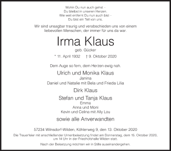 Traueranzeige von Irma Klaus von Siegener Zeitung