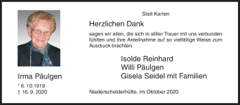 Traueranzeige von Irma Päulgen von Siegener Zeitung