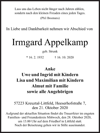 Traueranzeige von Irmgard Appelkamp von Siegener Zeitung