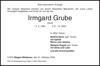 Traueranzeige von Irmgard Grube von Siegener Zeitung