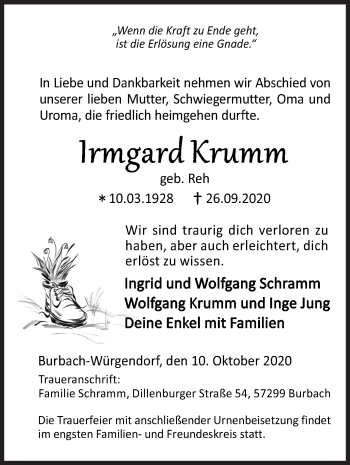 Traueranzeige von Irmgard Krumm von Siegener Zeitung