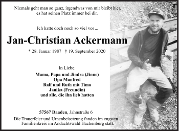 Traueranzeige von Jan-Christian Ackermann von Siegener Zeitung