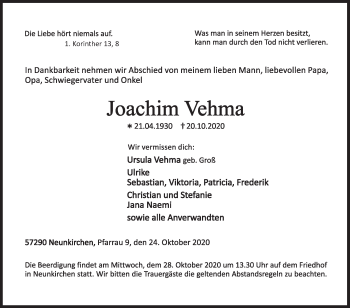 Traueranzeige von Joachim Vehma von Siegener Zeitung