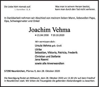 Traueranzeige von Joachim Vehma von Siegener Zeitung
