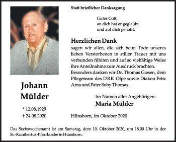 Traueranzeige von Johann Mülder von Siegener Zeitung