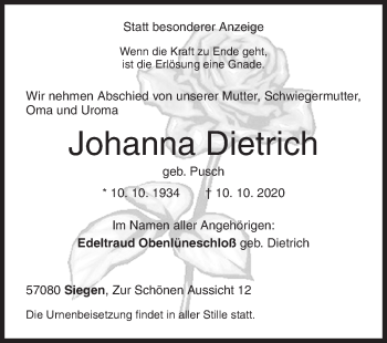 Traueranzeige von Johanna Dietrich von Siegener Zeitung