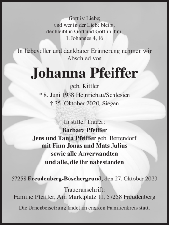 Traueranzeige von Johanna Pfeiffer von Siegener Zeitung