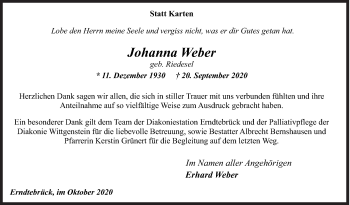 Traueranzeige von Johanna Weber von Siegener Zeitung