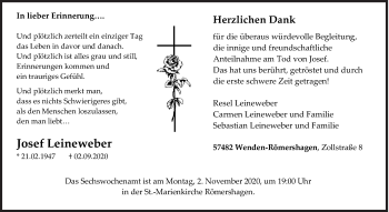 Traueranzeige von Josef Leineweber von Siegener Zeitung