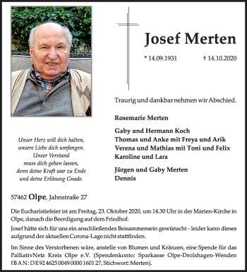 Traueranzeige von Josef Merten von Siegener Zeitung