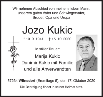 Traueranzeige von Jozo Kukic von Siegener Zeitung
